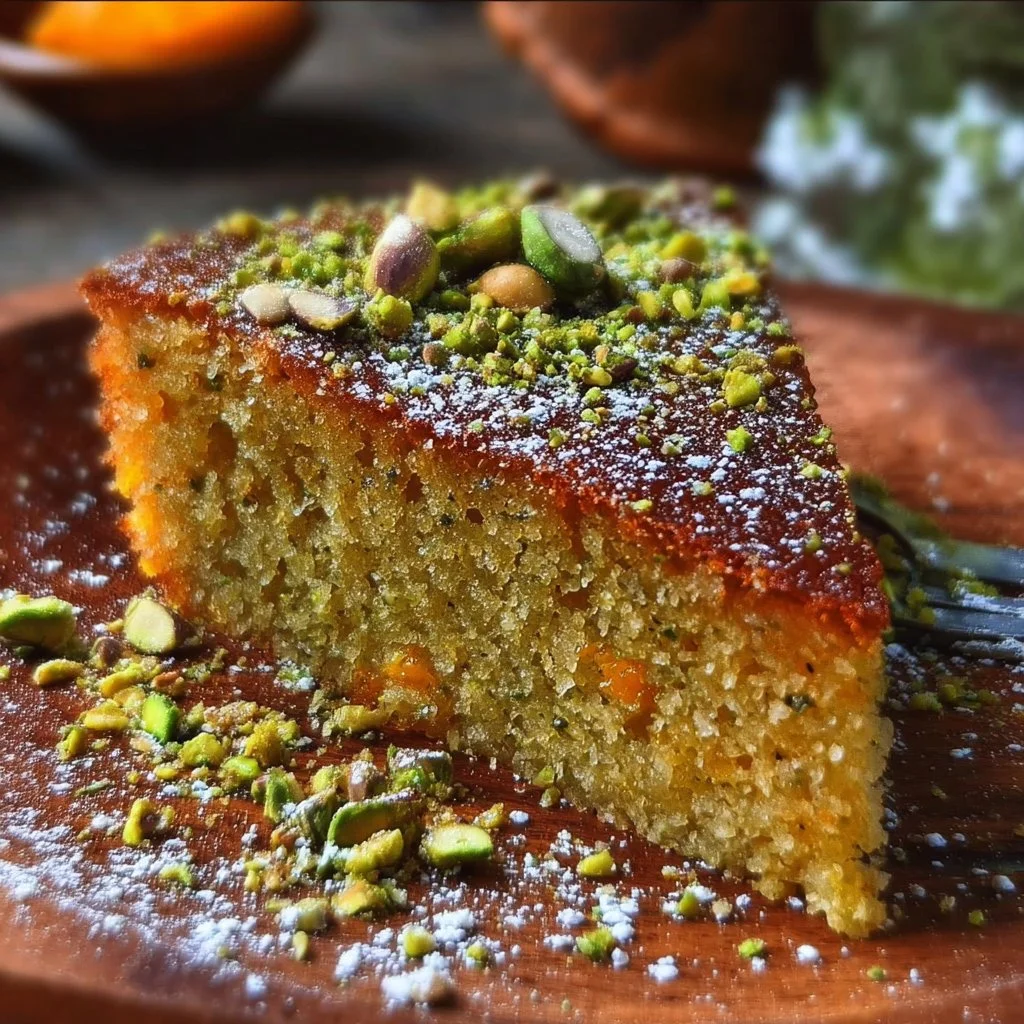 Flourless Orange, Pistachio, and Almond Cake 3 Flourless Orange, Pistachio, and Almond Cake beautifully displayed on a dessert plate.