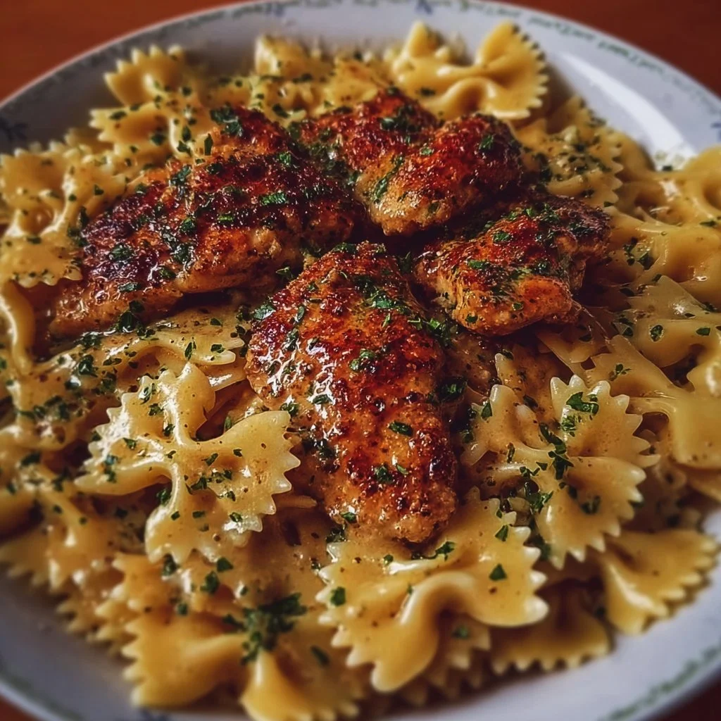 Garlic Butter Chicken and Bowtie Pasta 3 Garlic Butter Chicken served with Bowtie Pasta for a savory dinner recipe