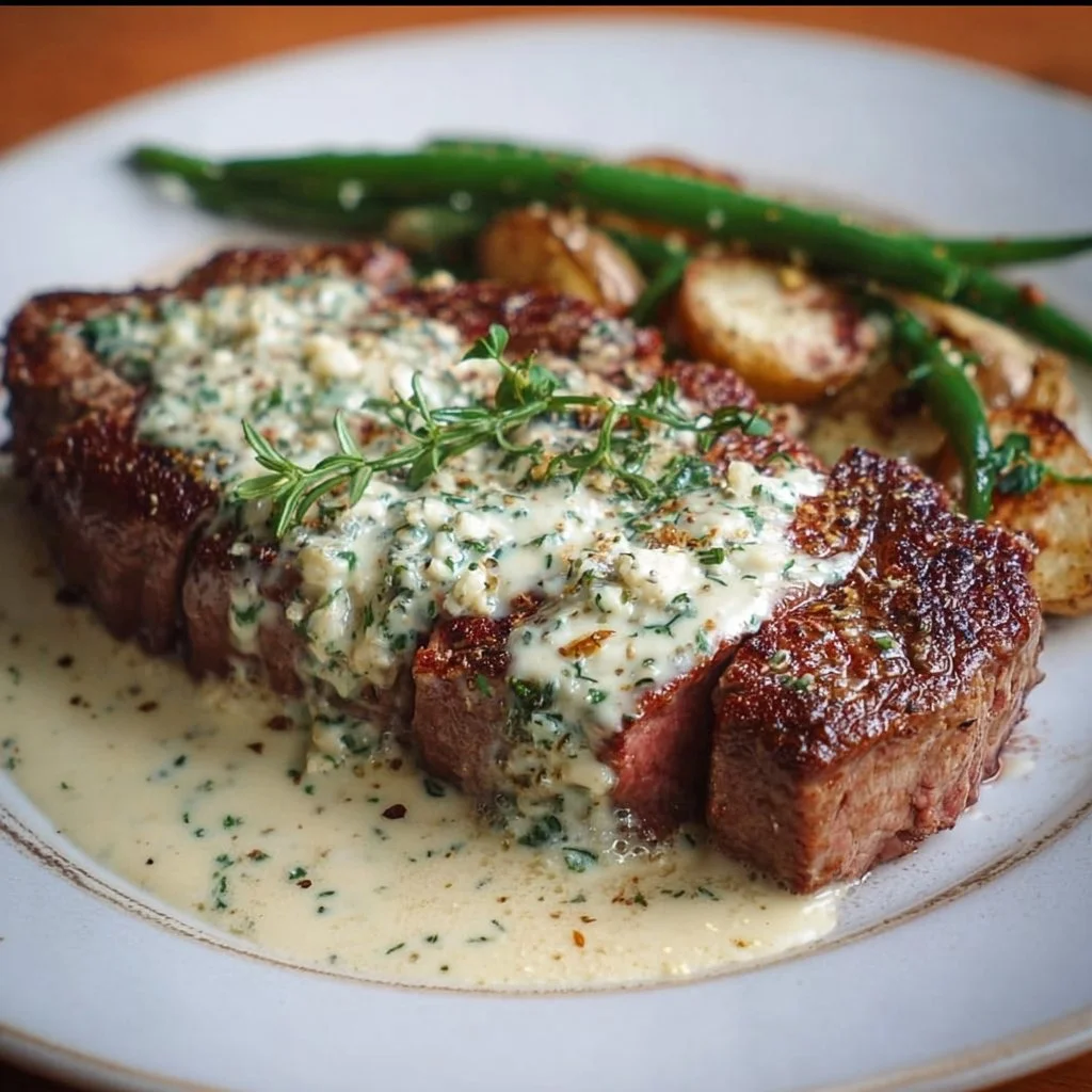 Garlic Butter Steak garnished with Parmesan cream sauce for a delicious meal.