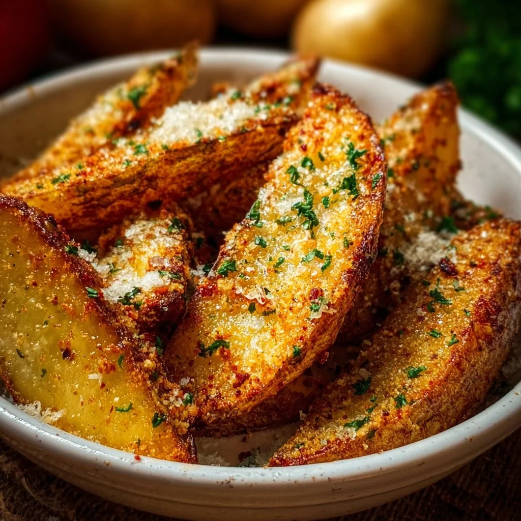 Crispy Garlic Parmesan Potato Wedges seasoned with herbs and cheese