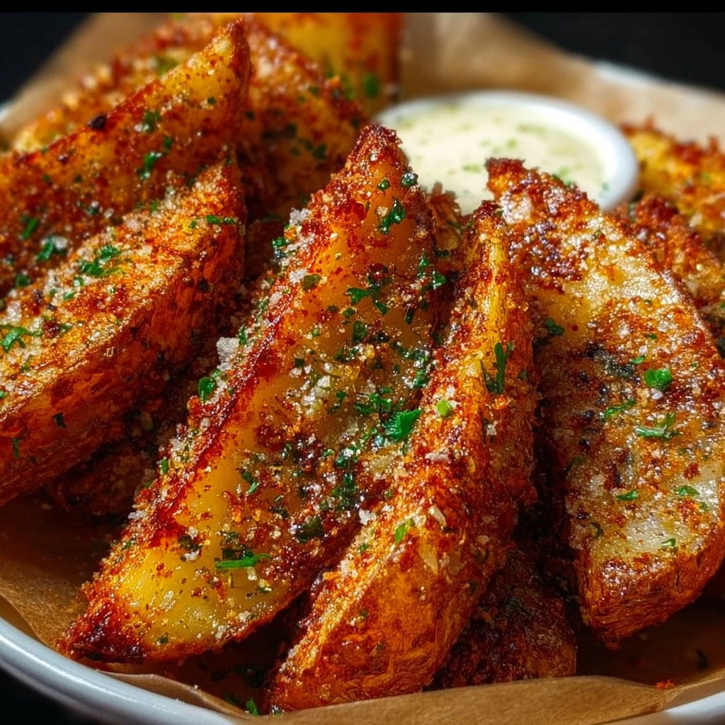 Crispy Garlic Parmesan Potato Wedges served on a plate