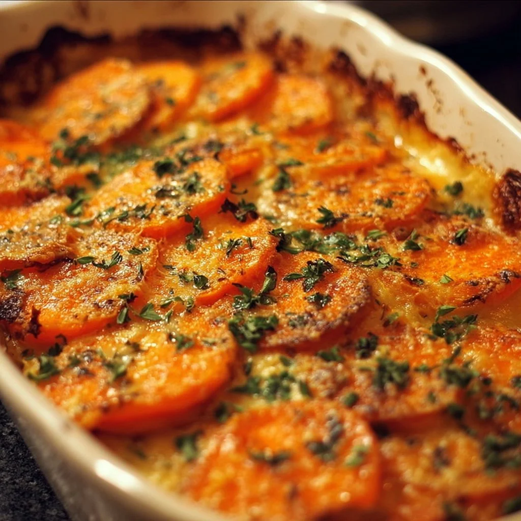 Creamy garlic scalloped sweet potatoes baked to perfection in a casserole dish.