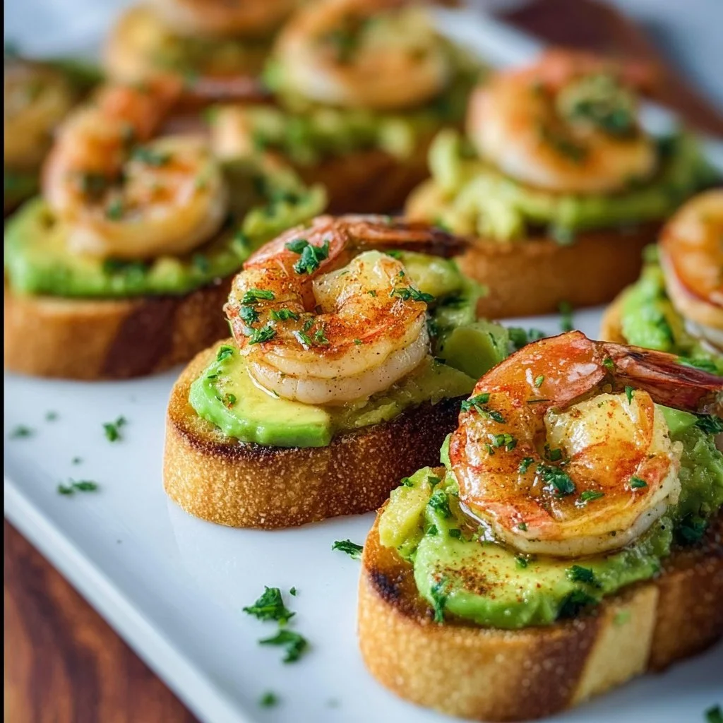 Garlic Shrimp Crostini with Avocado: A Flavorful Bite-Sized Delight 3 Garlic shrimp crostini topped with avocado slices on a serving platter.