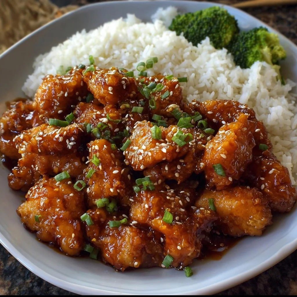 Delicious General Tso's Chicken served with vegetables and rice.