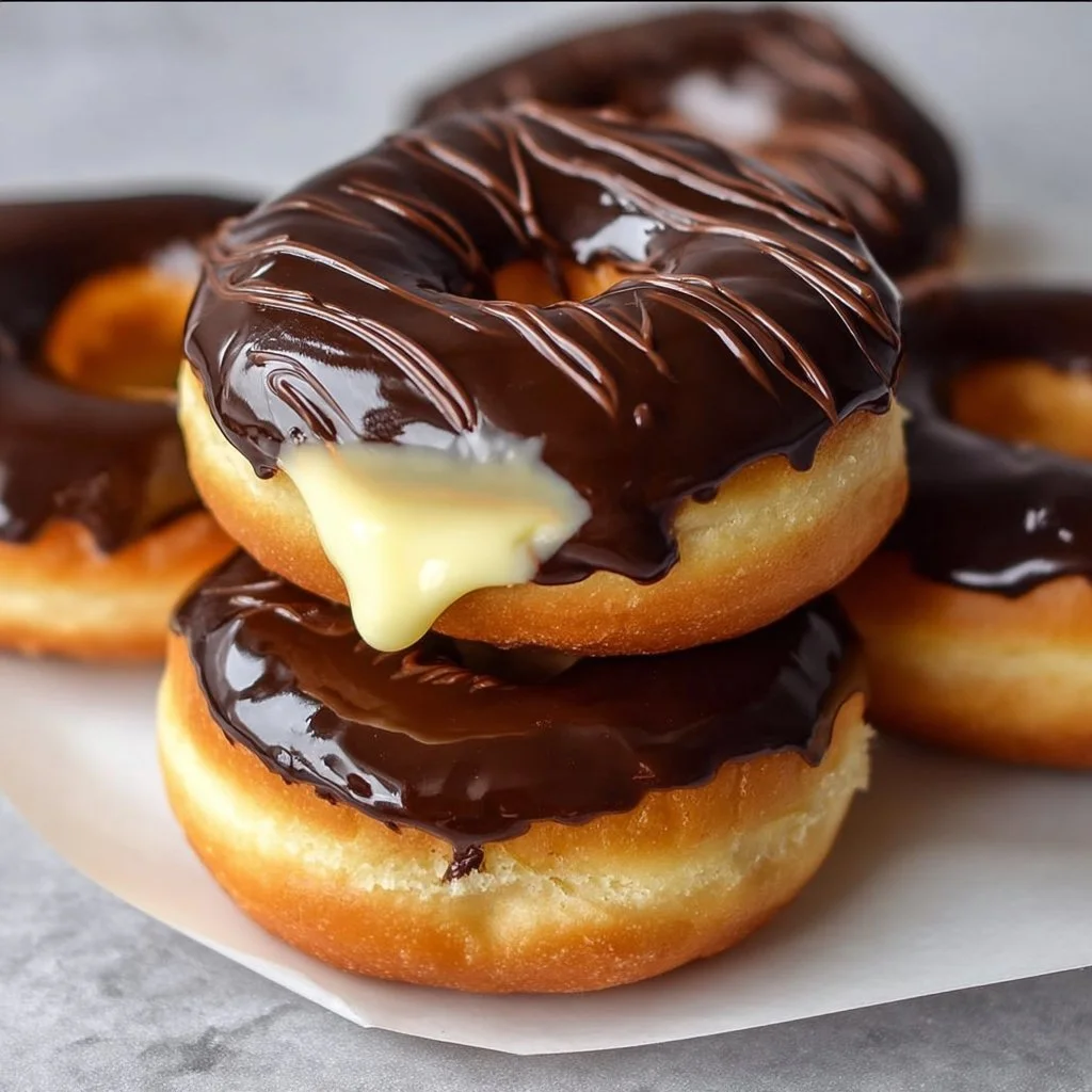 Gluten-free air fryer Boston Cream donuts with chocolate icing and cream filling