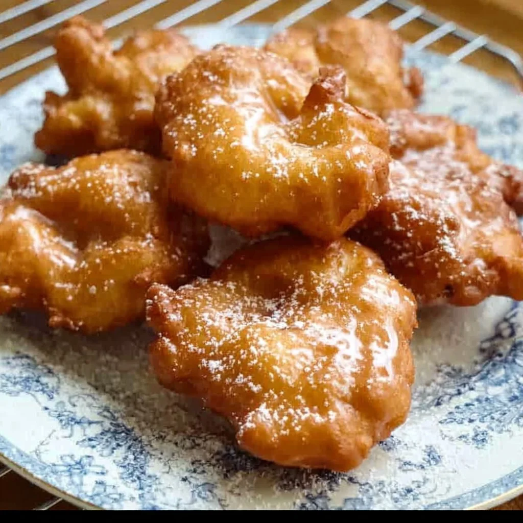Gluten Free Apple Fritters 3 Delicious gluten-free apple fritters dusted with powdered sugar on a plate