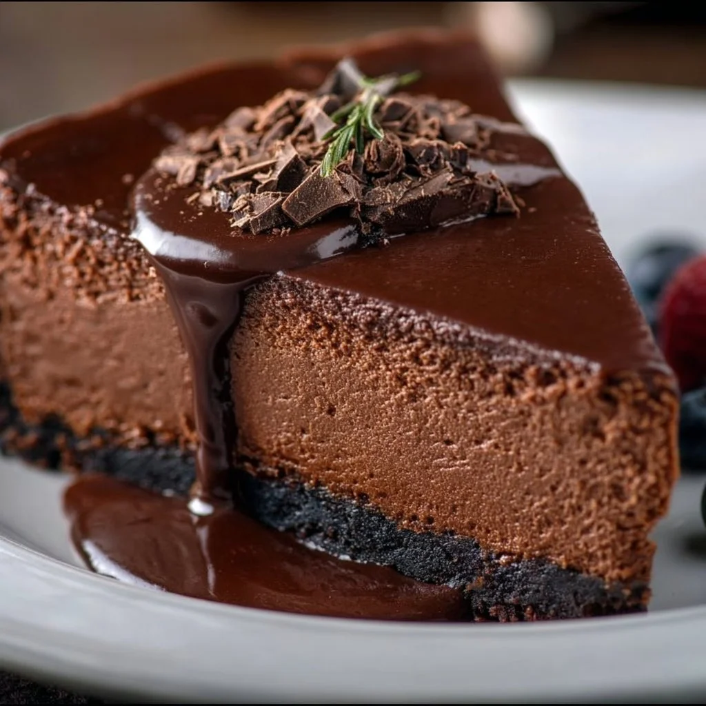 Delicious gluten-free chocolate cheesecake slice with chocolate drizzle