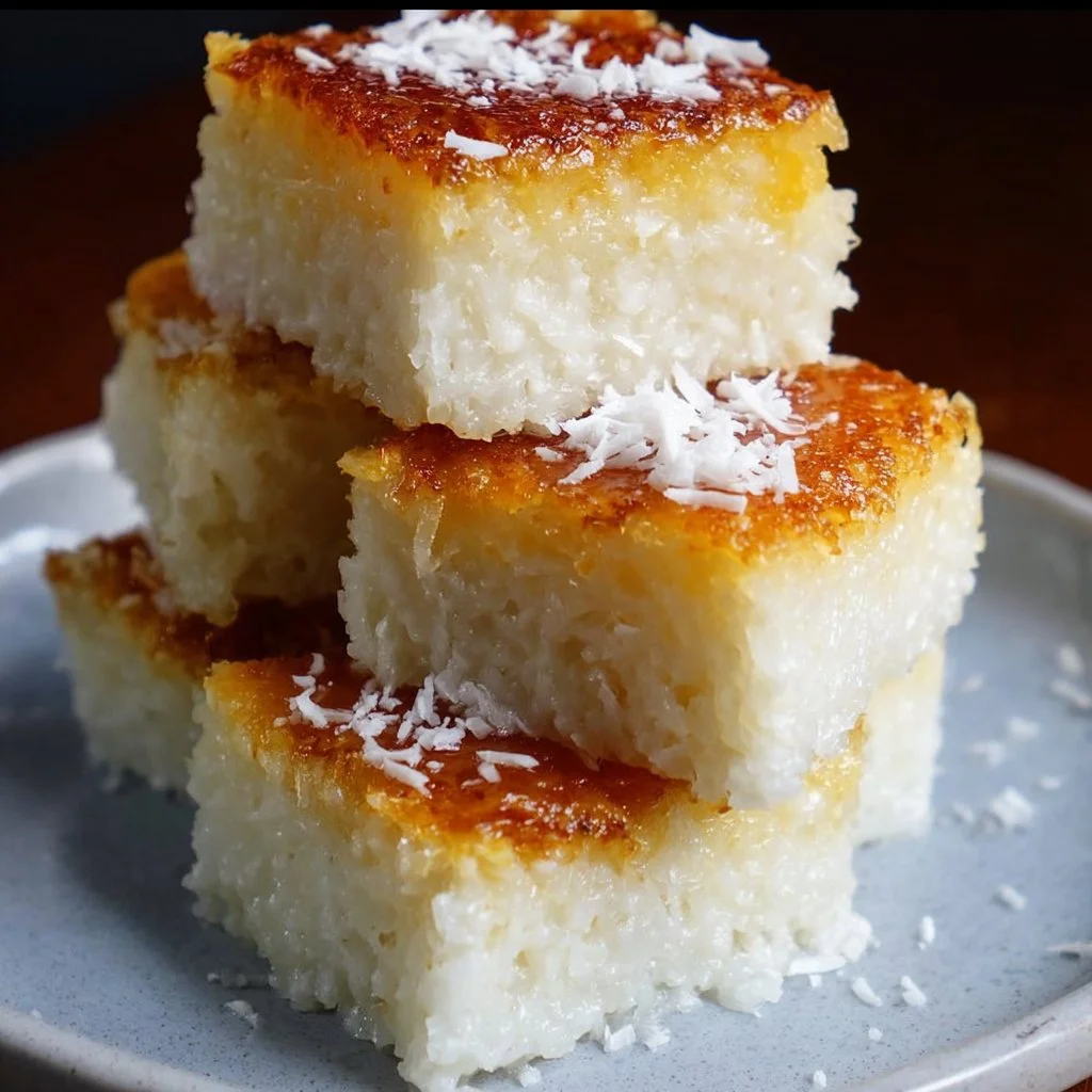 Gluten Free Indonesian Sticky Coconut Cake (Wingko Babat) 3 Slice of Gluten Free Indonesian Sticky Coconut Cake (Wingko Babat) on a plate
