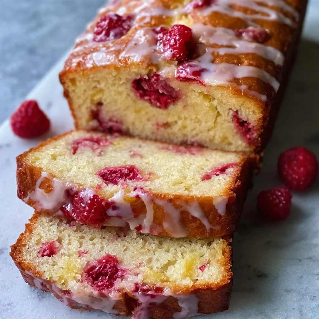 Gluten-free raspberry lemon loaf with fresh raspberries and lemon zest