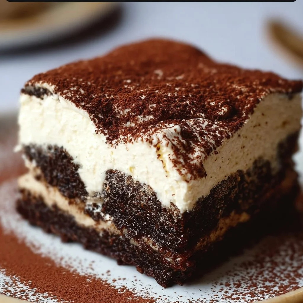 Gluten Free Tiramisu Brownies 2 Gluten free tiramisu brownies topped with cocoa powder and coffee flavors