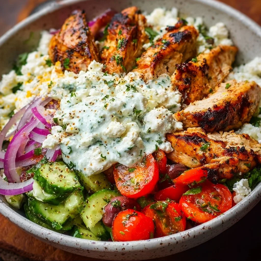 Delicious Greek Chicken Bowls with fresh vegetables and tzatziki sauce