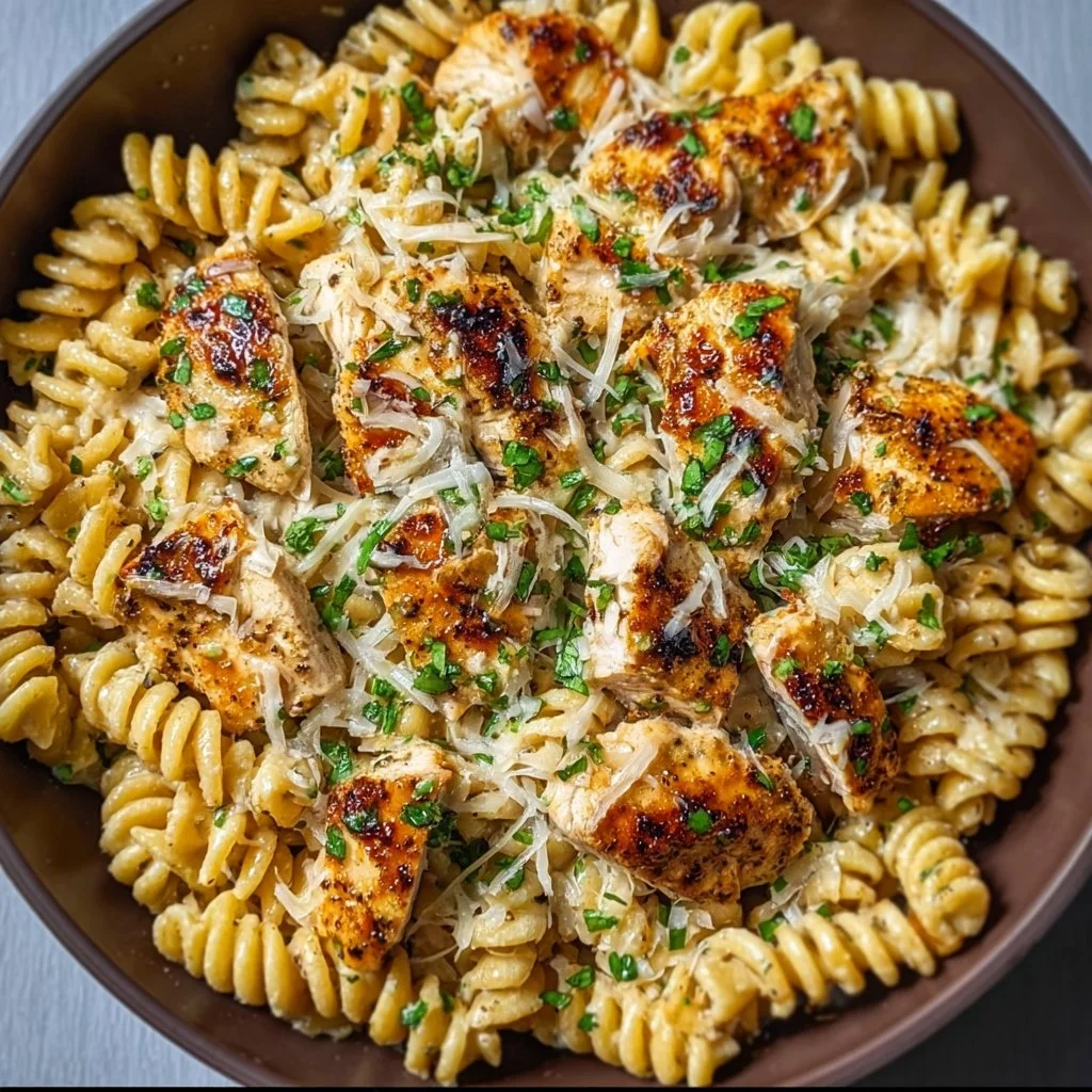 Healthy Garlic Parmesan Chicken Pasta dish with chicken and pasta
