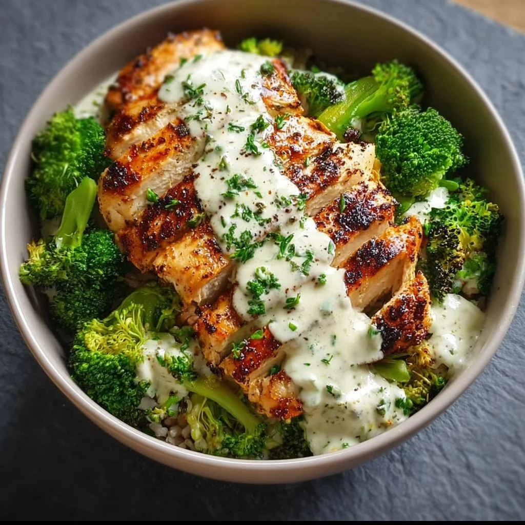 Healthy grilled chicken broccoli bowls with creamy garlic sauce
