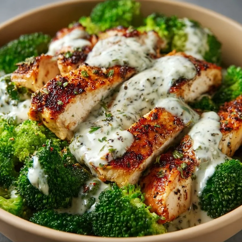 Healthy Grilled Chicken Broccoli Bowls with Creamy Garlic Sauce