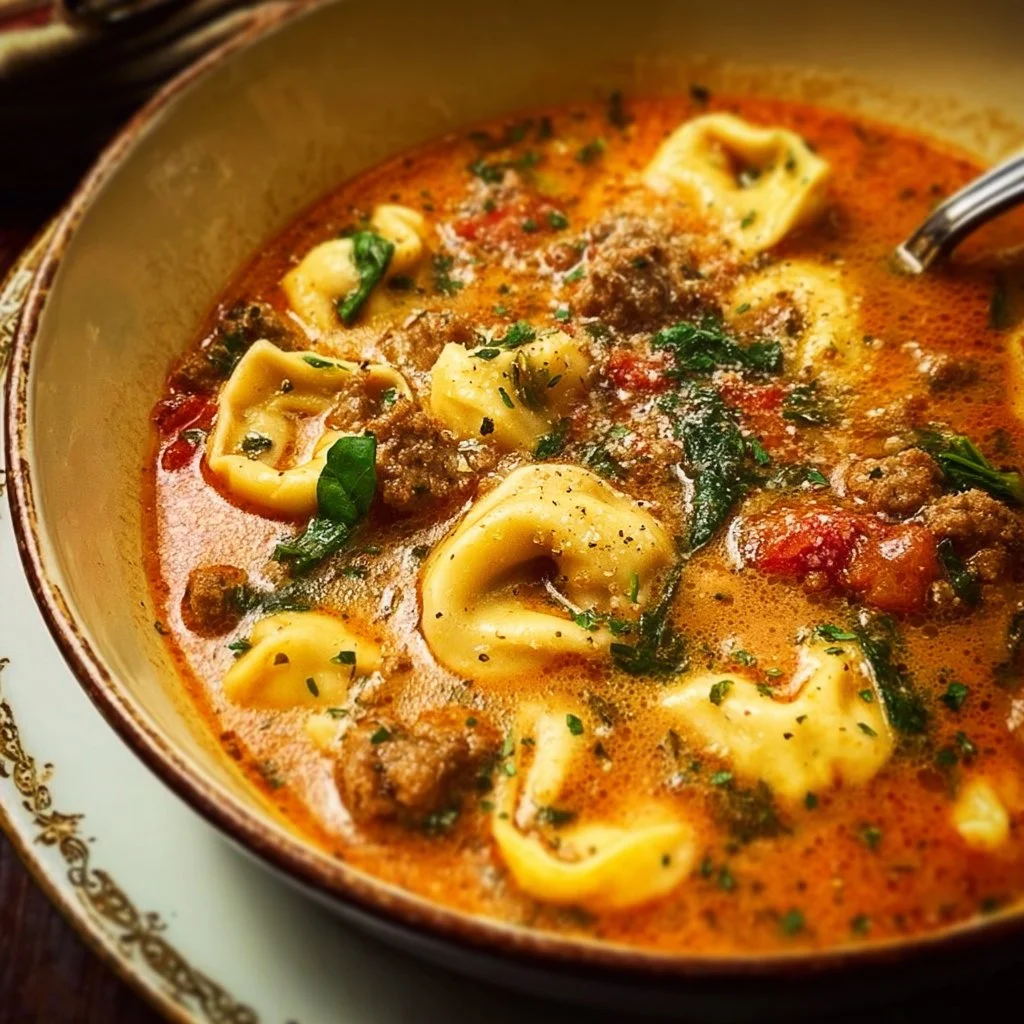 Bowl of hearty Italian sausage tortellini soup garnished with parsley