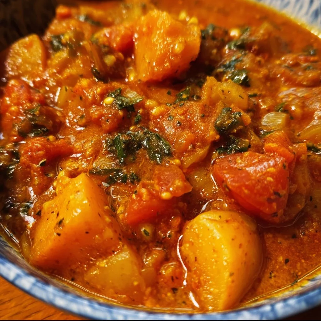 Bowl of hearty vegan sweet potato stew garnished with herbs