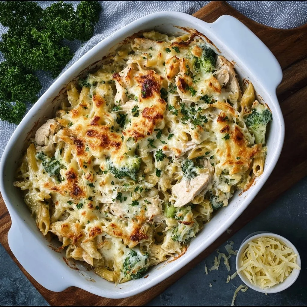 High Protein Alfredo Bake with creamy sauce and pasta in a baking dish