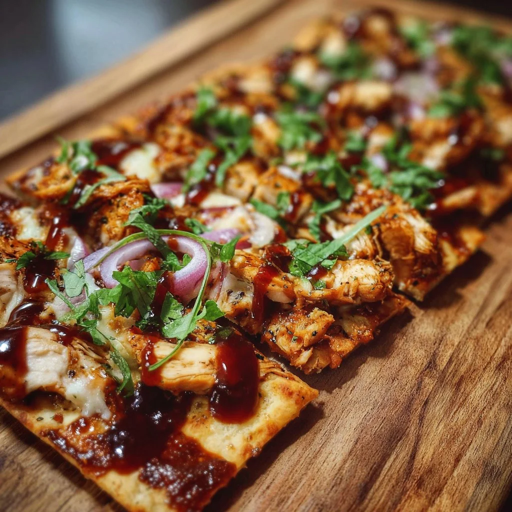 High Protein BBQ Chicken Flatbread with vegetables and sauce