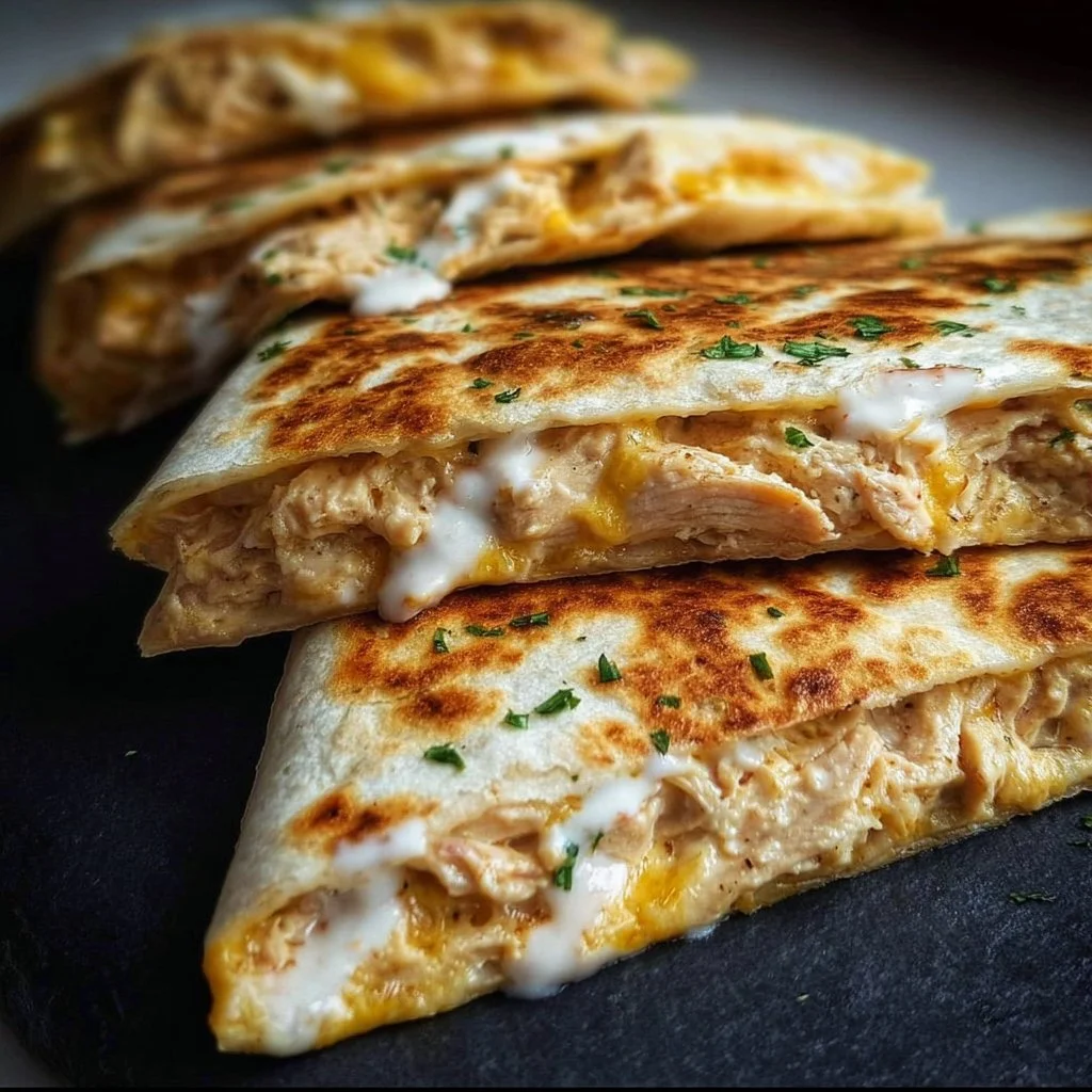 High-protein chicken ranch quesadilla with melted cheese and fresh ingredients