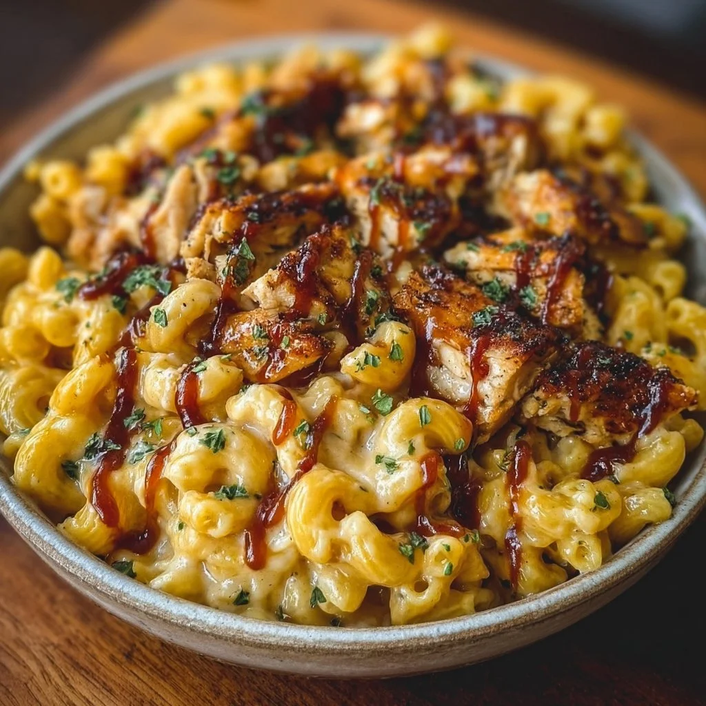 High-Protein Honey BBQ Chicken Mac & Cheese in a creamy sauce with toppings