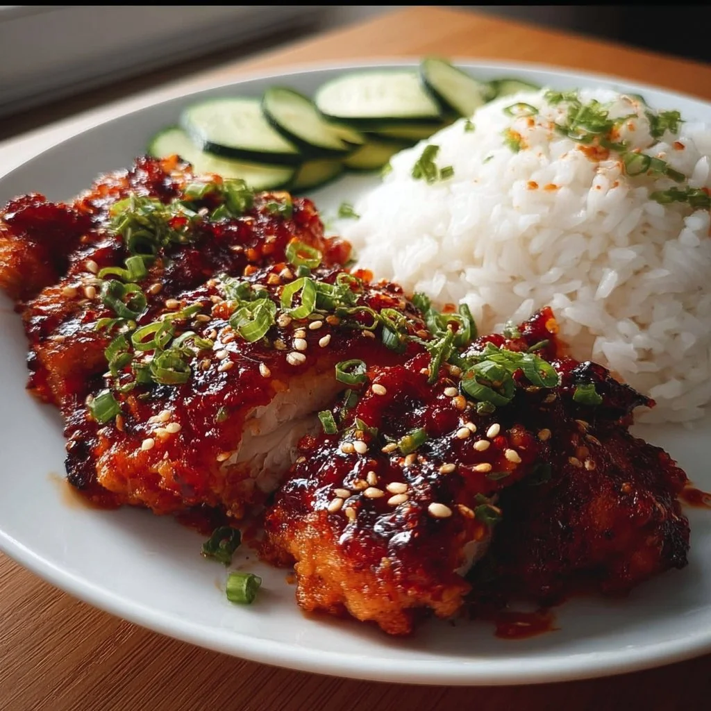 Delicious high-protein Honey Gochujang Chicken served with garnishes