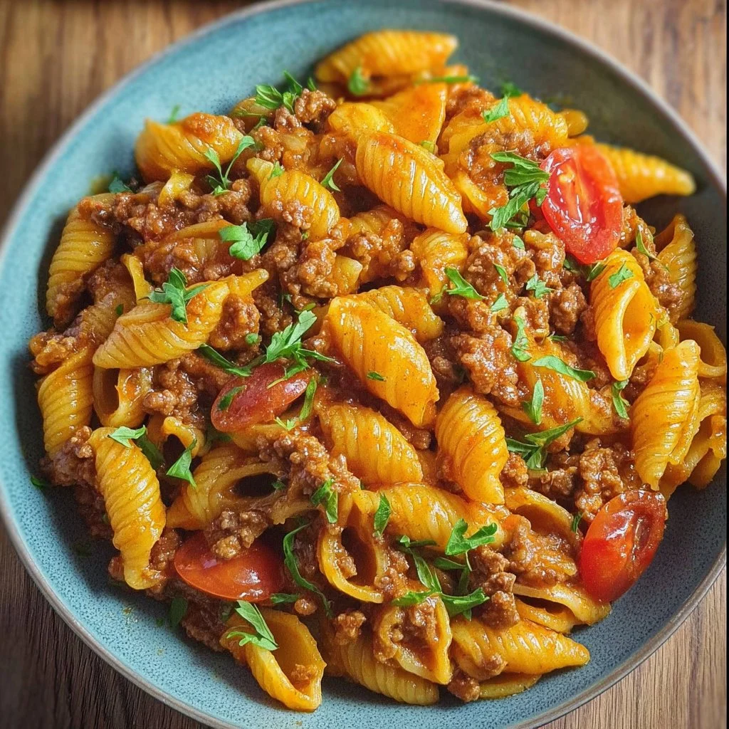 High protein taco pasta with colorful toppings and ingredients