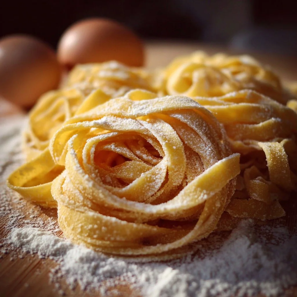Bowl of homemade gluten-free egg noodles ready to be served with sauce.