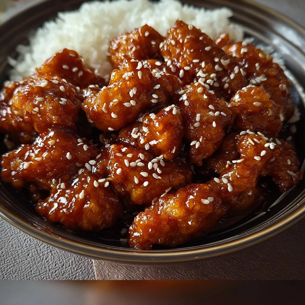 Delicious Honey Sesame Chicken served with sesame seeds and green onions.