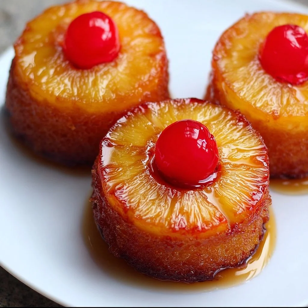 Individual mini pineapple upside down cakes served on a plate