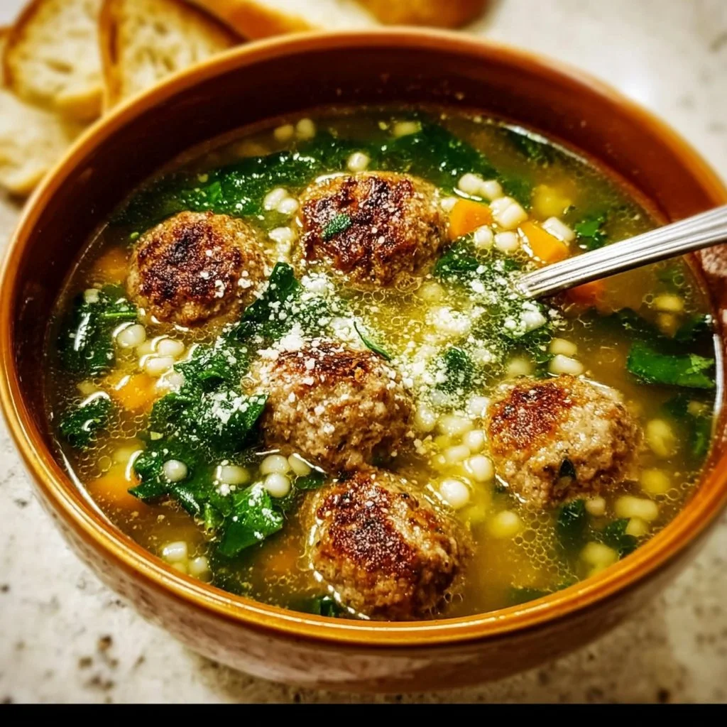 Bowl of Italian Wedding Soup with meatballs and greens on a rustic table