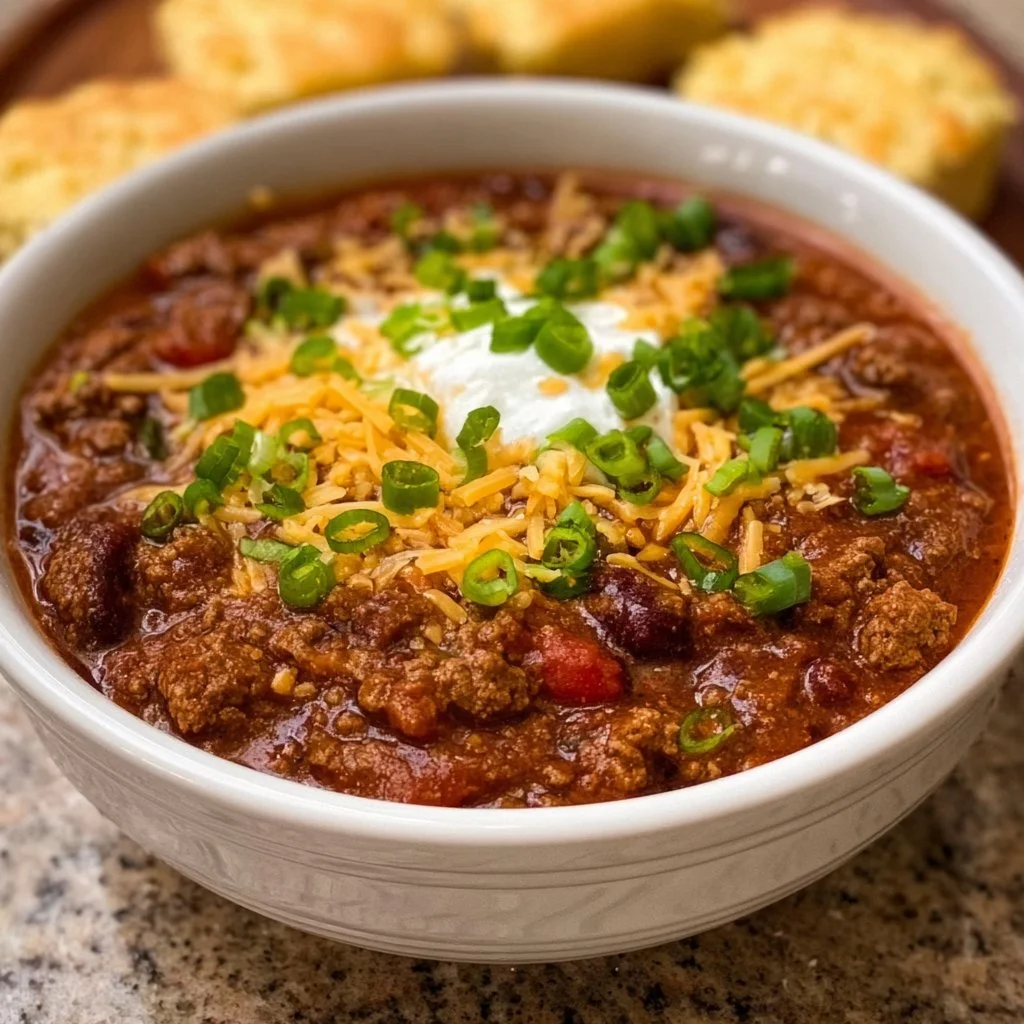 Bowl of Joanna Gaines' hearty chili recipe topped with cilantro and cheese