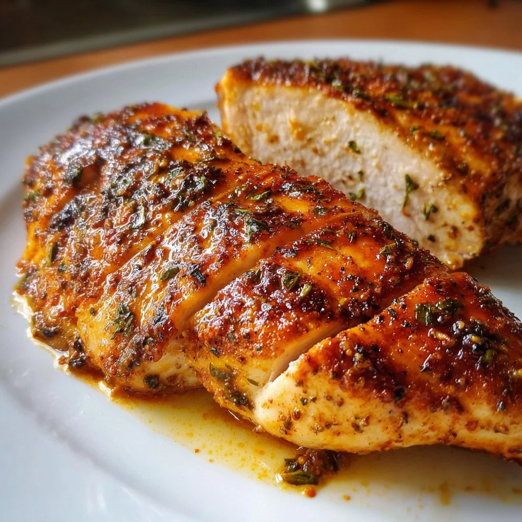 Juicy 30-Minute Baked Chicken Breast on a plate with herbs