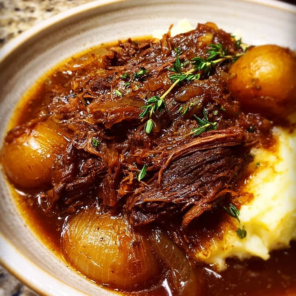 Deliciously cooked French Onion Pot Roast served with caramelized onions
