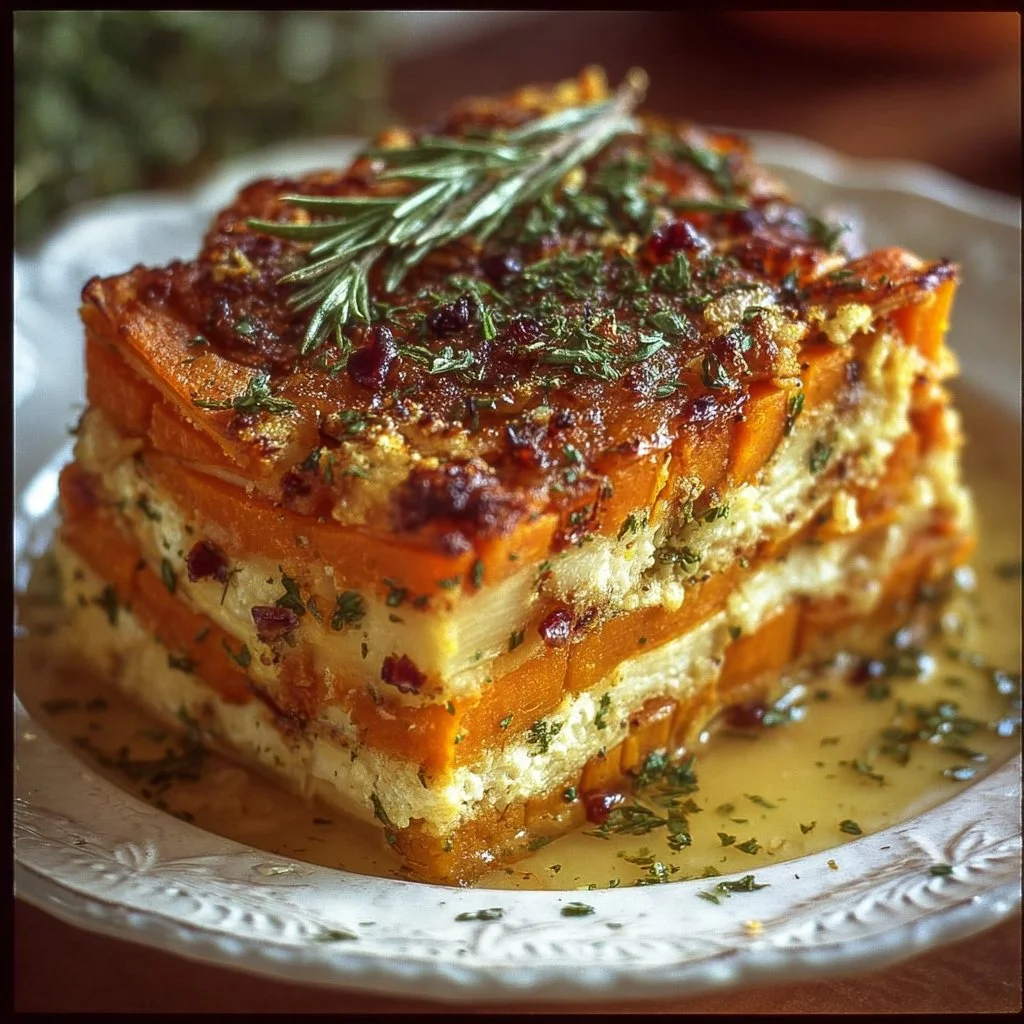 Layered sweet potato, butternut squash, and parsnips lasagna dish