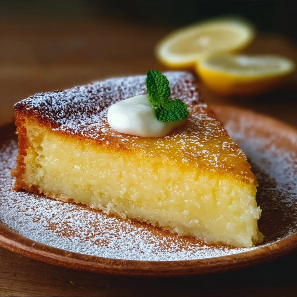 Delicious Lemon Custard Cake with a creamy texture and fresh lemon garnish.