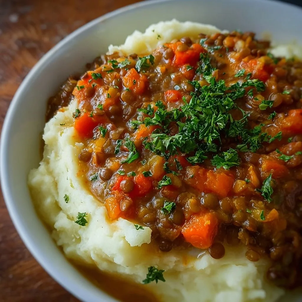 Lentil Stew over Creamy Mashed Potatoes 2 Lentil stew served on a bed of creamy mashed potatoes, garnished with herbs.