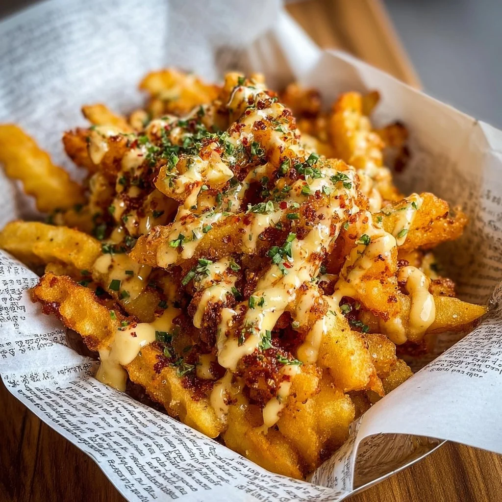 Delicious Louisiana Voodoo Fries, inspired by Wingstop recipe, topped with spicy flavors.