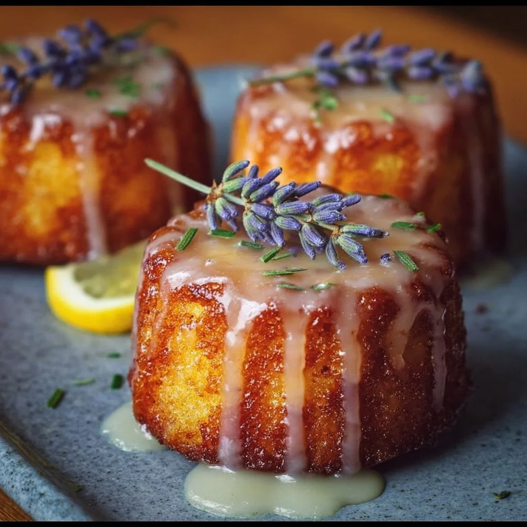 Mini lemon cakes with lavender glaze on a decorative plate