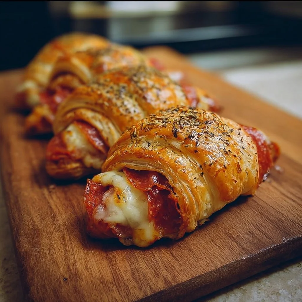 Mozzarella and pepperoni stuffed croissant rolls on a plate
