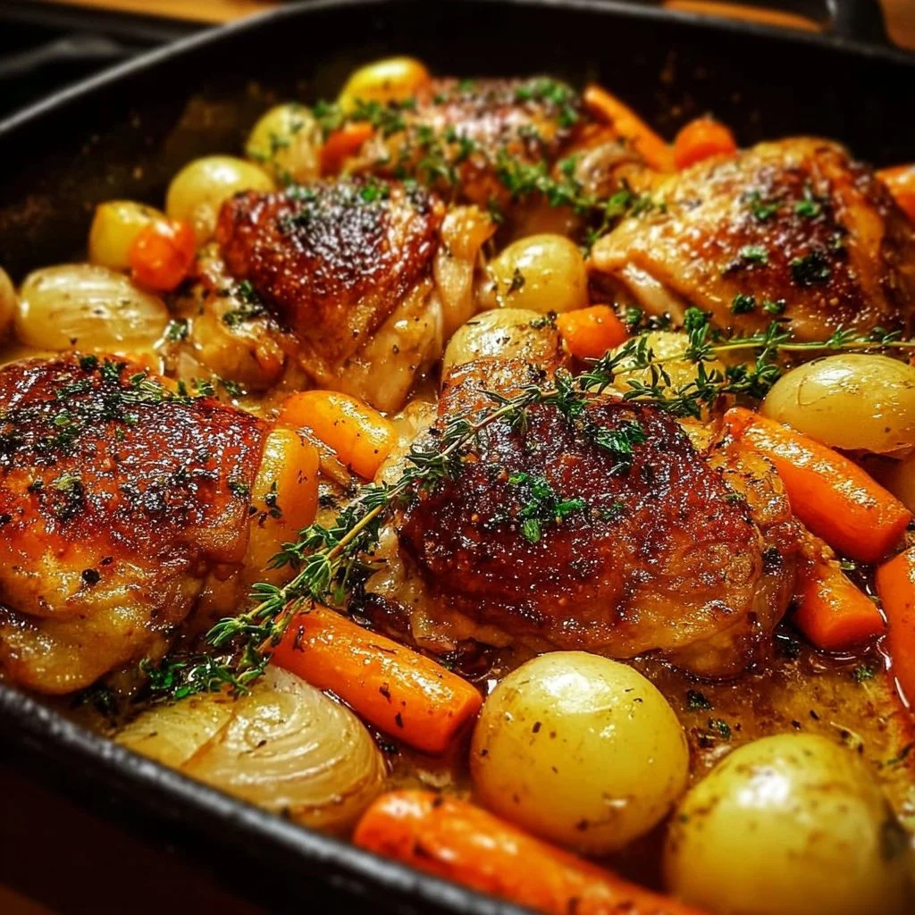 One-Pan Roasted Chicken Thighs with Carrots and Potatoes 3 One-pan roasted chicken thighs with carrots and potatoes served on a plate