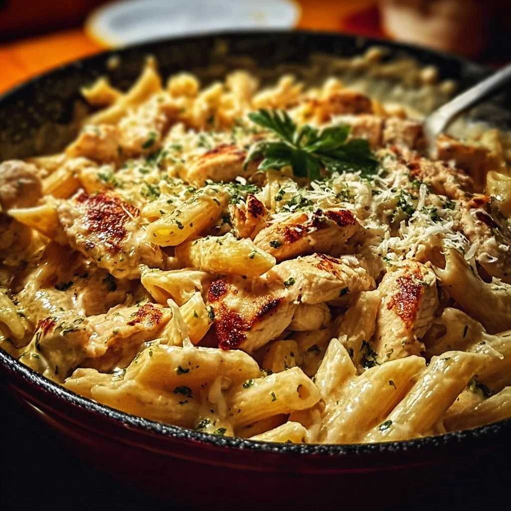 A bowl of One Pot Chicken Penne Pasta topped with herbs and grated cheese