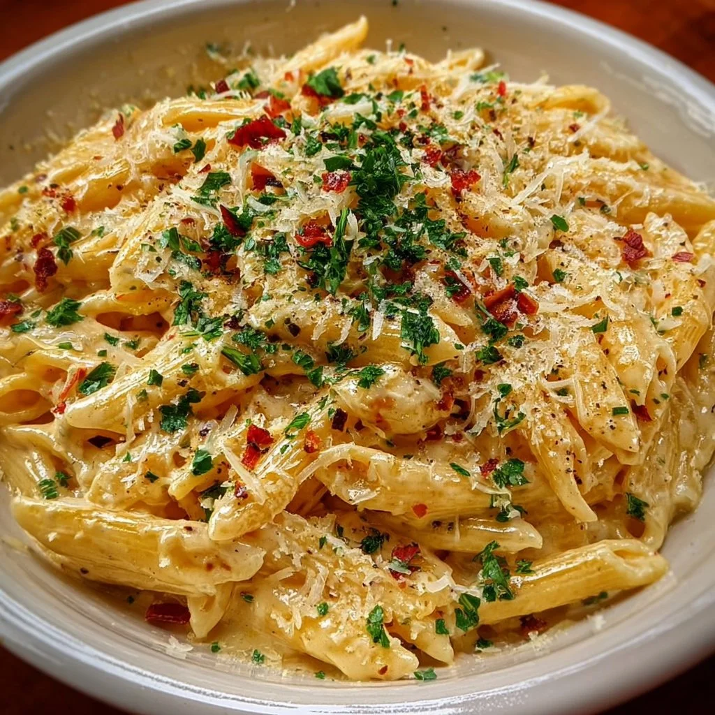 One Pot Creamy Garlic Pasta served in a bowl with herbs
