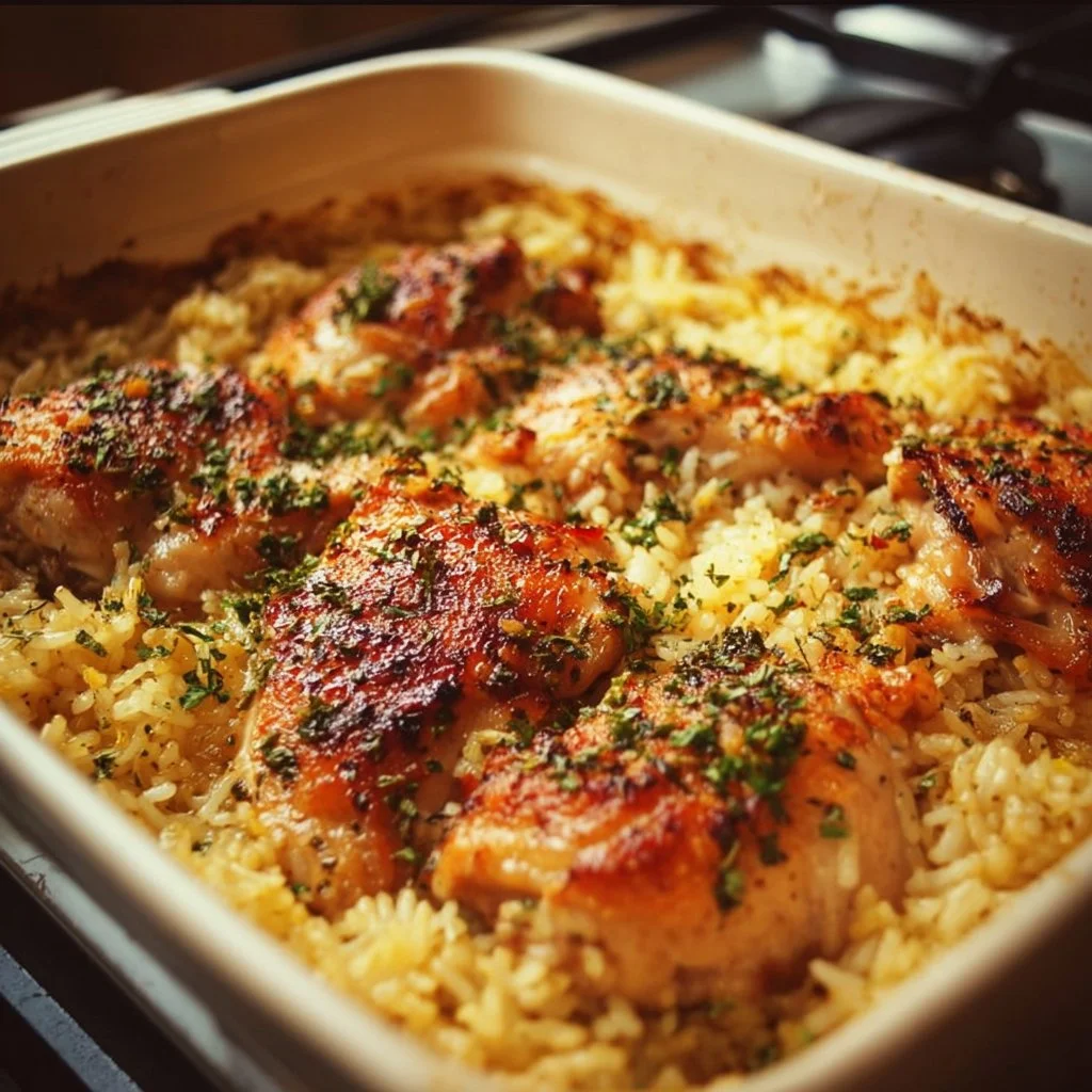 Plate of oven-baked chicken served with rice and vegetables