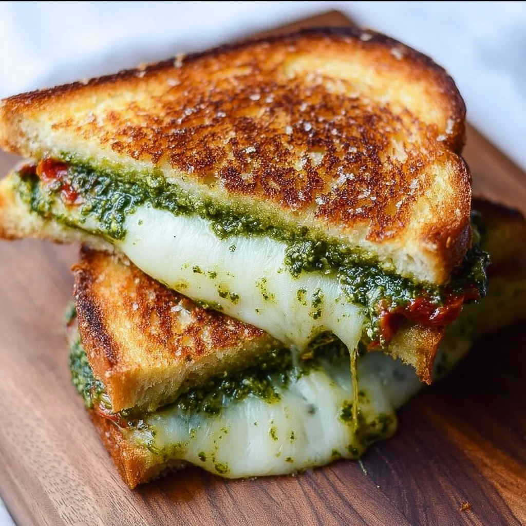 Delicious pesto grilled cheese sandwich, melted cheese and vibrant pesto on toasted bread.