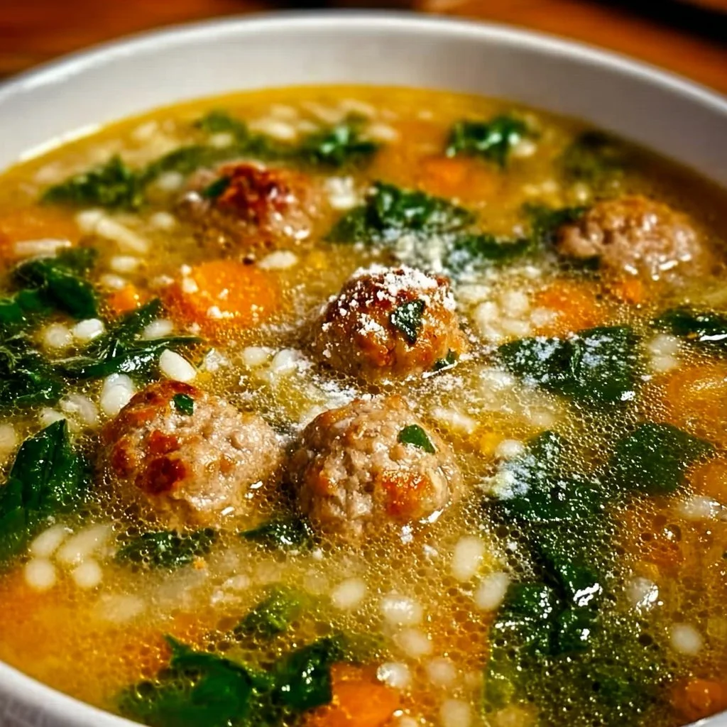 A bowl of Pioneer Woman Italian Wedding Soup, featuring meatballs, spinach, and pasta.