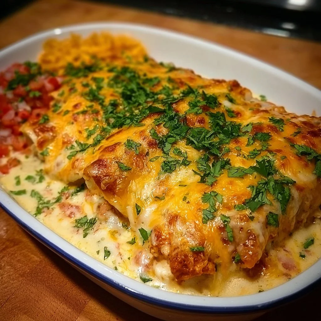 Plate of queso chicken enchiladas topped with cheese and green onions