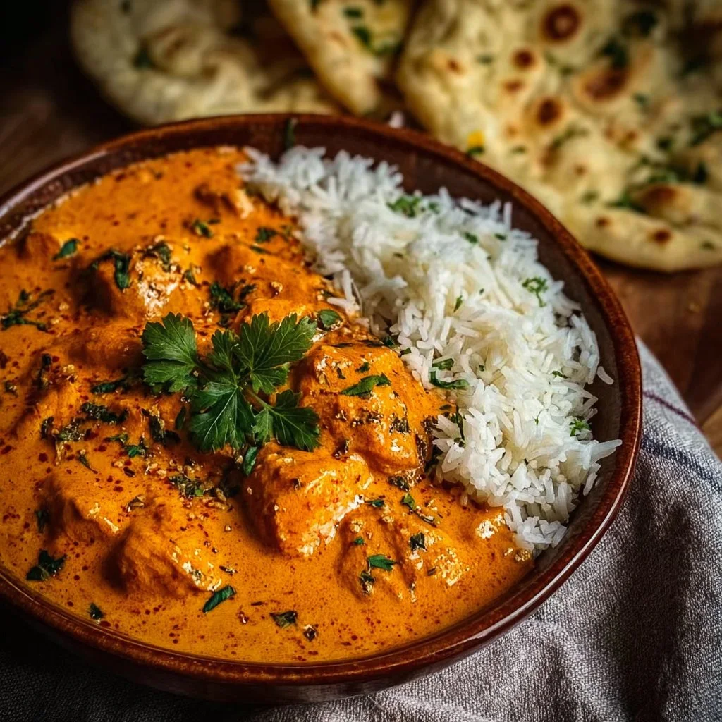Delicious homemade butter chicken served with rice and garnished with cilantro.