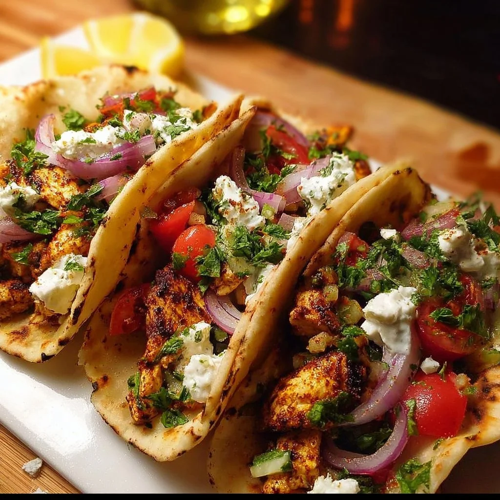 Quick Mediterranean Chicken Tacos 3 Quick Mediterranean Chicken Tacos garnished with fresh vegetables and sauce