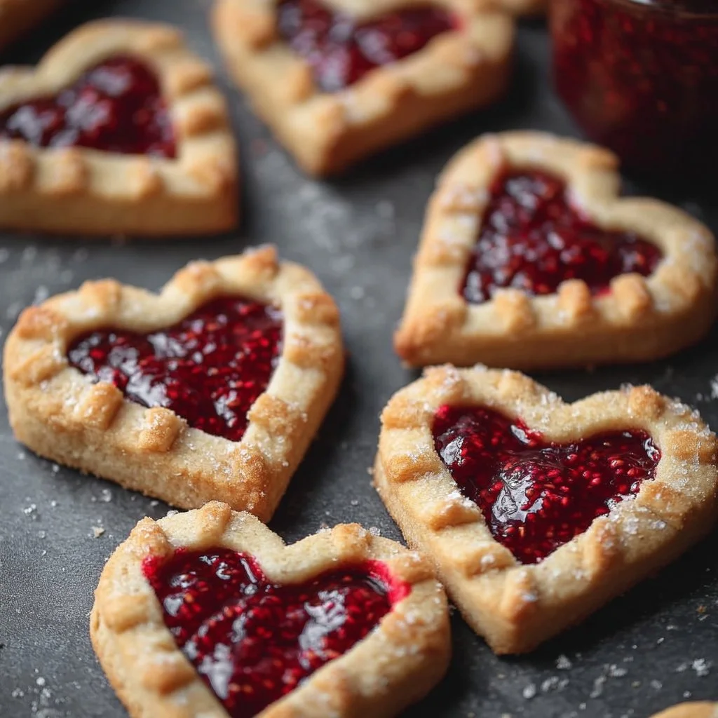 Heart-shaped Linzer cookies with raspberry chia jam filling