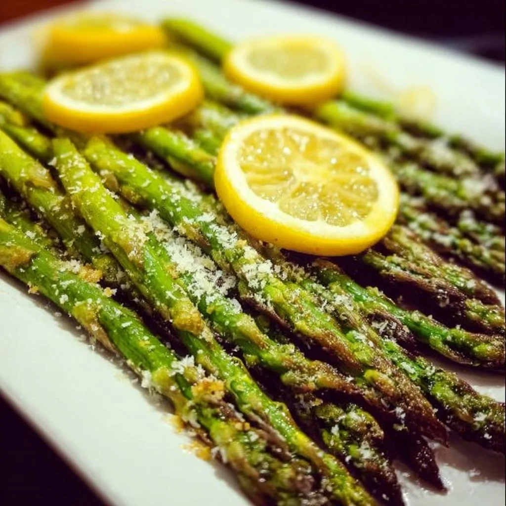 Plate of roasted asparagus drizzled with lemon and topped with Parmesan cheese